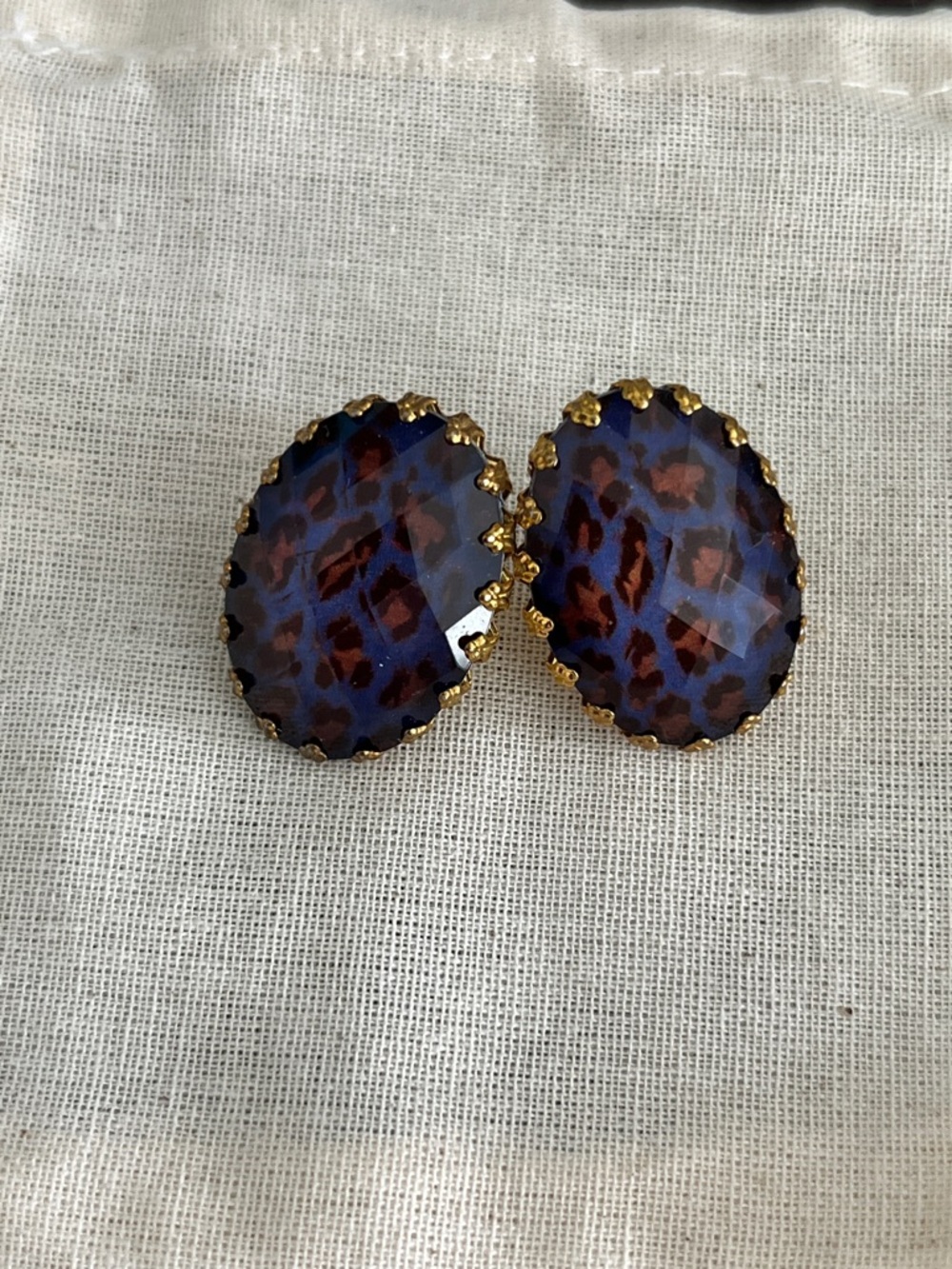 Unique Vintage navy/brown Leopard Print Oval Stud Earrings set in gold